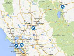 Regional map of airports near Lake Tahoe, California.