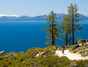 Mountain biking on the Flume Trail at Lake Tahoe, California